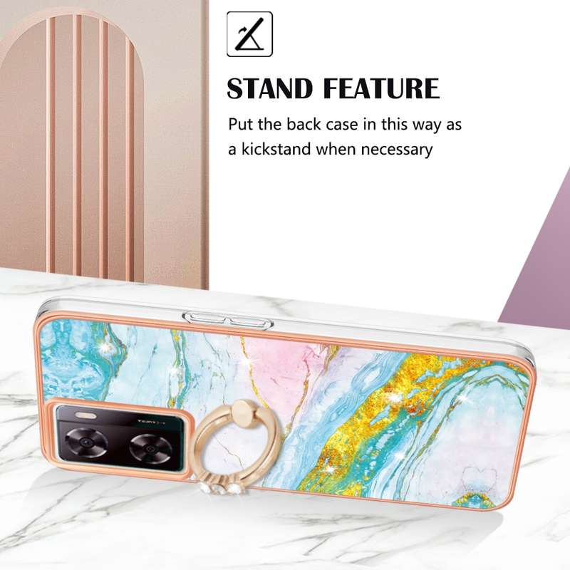 For OPPO A57 4G/A77 5G Taiwan/K10 5G Global Electroplating Marble IMD TPU Phone Case with Ring Holde