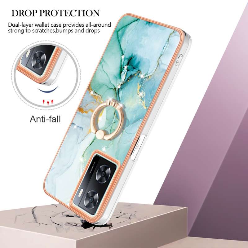 For OPPO A57 4G/A77 5G Taiwan/K10 5G Global Electroplating Marble IMD TPU Phone Case with Ring Holde