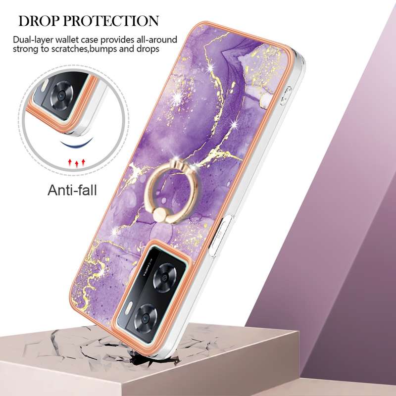 For OPPO A57 4G/A77 5G Taiwan/K10 5G Global Electroplating Marble IMD TPU Phone Case with Ring Holde