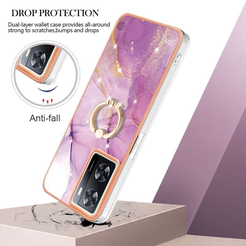 For OPPO A57 4G/A77 5G Taiwan/K10 5G Global Electroplating Marble IMD TPU Phone Case with Ring Holde