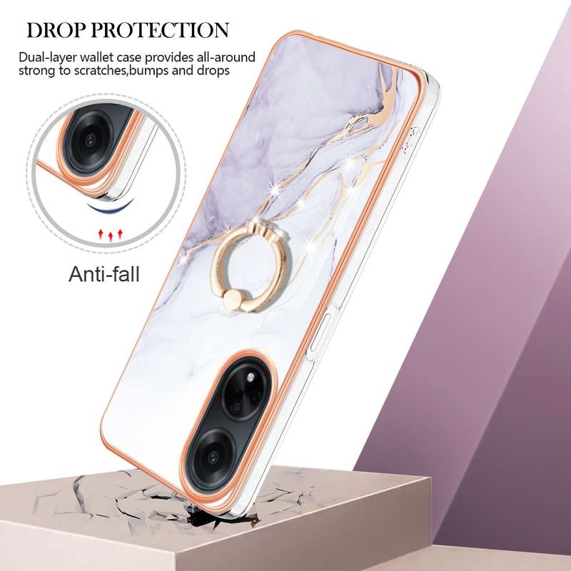 For OPPO A98 Electroplating Marble IMD TPU Phone Case with Ring Holder(Rose Gold 005)