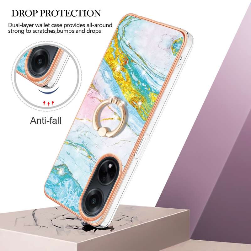For OPPO A98 Electroplating Marble IMD TPU Phone Case with Ring Holder(Rose Gold 005)