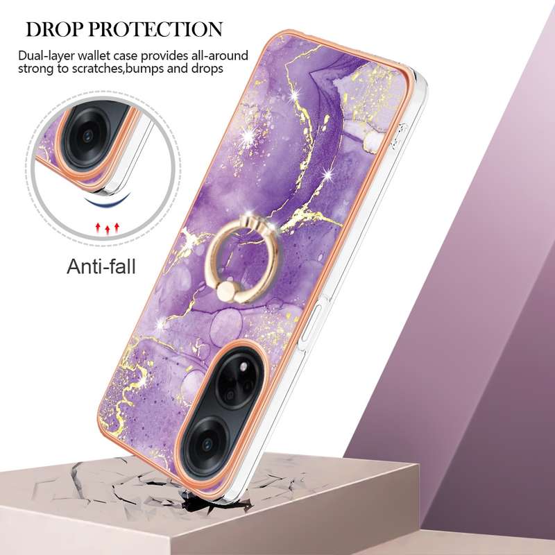For OPPO A98 Electroplating Marble IMD TPU Phone Case with Ring Holder(Rose Gold 005)