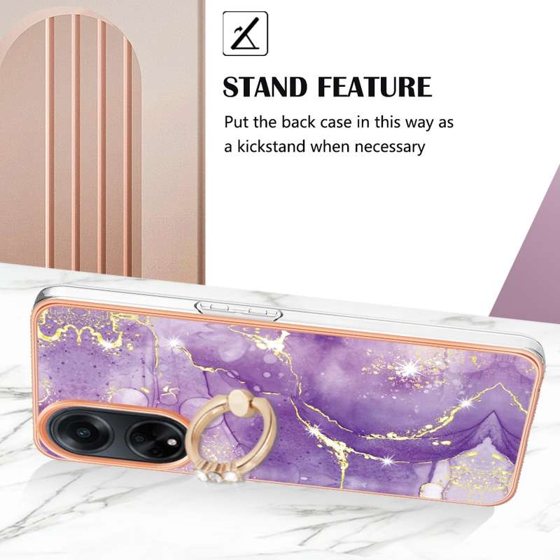 For OPPO A98 Electroplating Marble IMD TPU Phone Case with Ring Holder(Rose Gold 005)