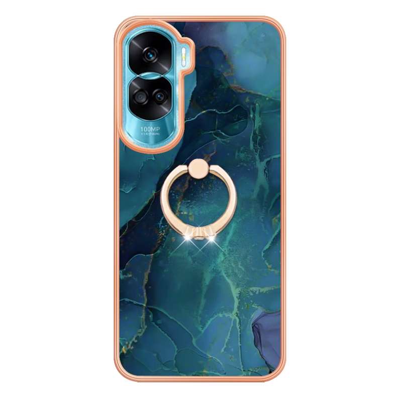 For Honor 90 Lite 5G Electroplating Marble Dual-side IMD Phone Case with Ring(Green 017)