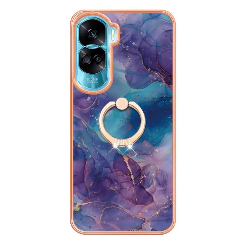 For Honor 90 Lite 5G Electroplating Marble Dual-side IMD Phone Case with Ring(Green 017)