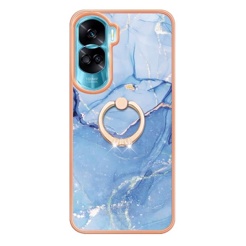 For Honor 90 Lite 5G Electroplating Marble Dual-side IMD Phone Case with Ring(Green 017)