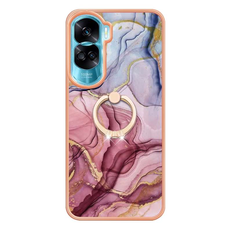 For Honor 90 Lite 5G Electroplating Marble Dual-side IMD Phone Case with Ring(Green 017)