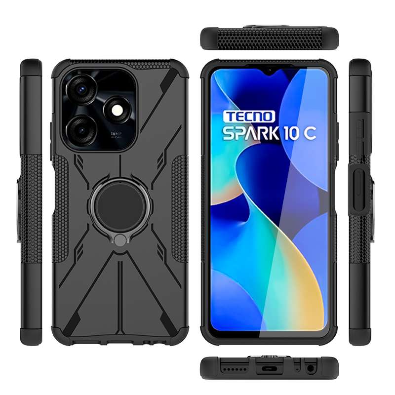For Tecno Spark 10C Armor Bear Shockproof PC + TPU Phone Case with Ring(Black)