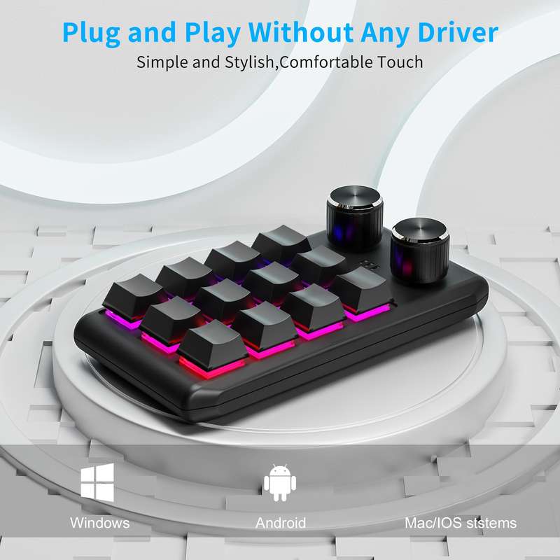 USB Wired 12KV2 MOLD Mini Mechanical 12 Keys 2 Knob Custom Programming Keyboard(Black)