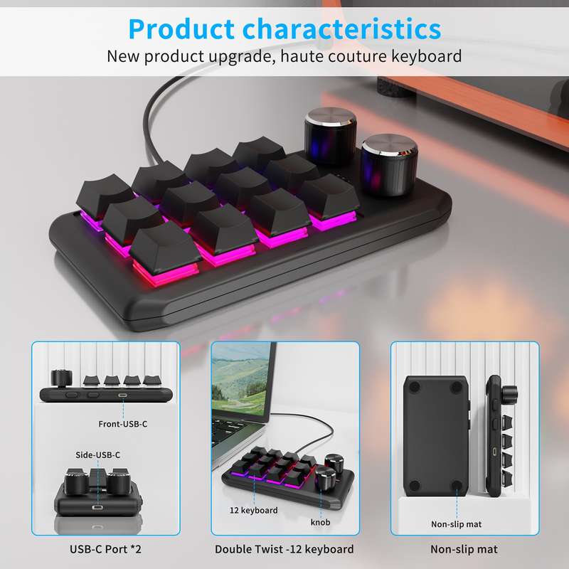 USB Wired 12KV2 MOLD Mini Mechanical 12 Keys 2 Knob Custom Programming Keyboard(Black)