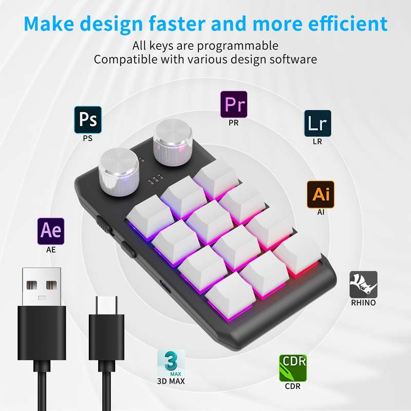 USB Wired 12KV2 MOLD Mini Mechanical 12 Keys 2 Knob Custom Programming Keyboard(Black)