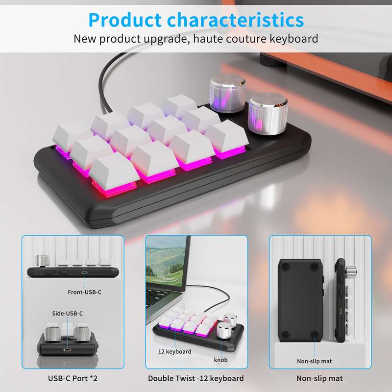 USB Wired 12KV2 MOLD Mini Mechanical 12 Keys 2 Knob Custom Programming Keyboard(Black)