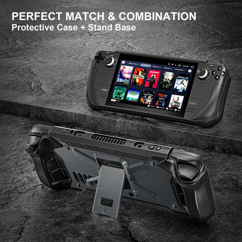 For Steam Deck Shockproof Game Console Case with Holder & Shoulder Strap(Black+Transparent)