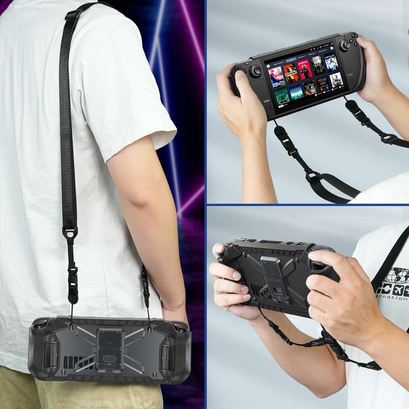 For Steam Deck Shockproof Game Console Case with Holder & Shoulder Strap(Black+Transparent)