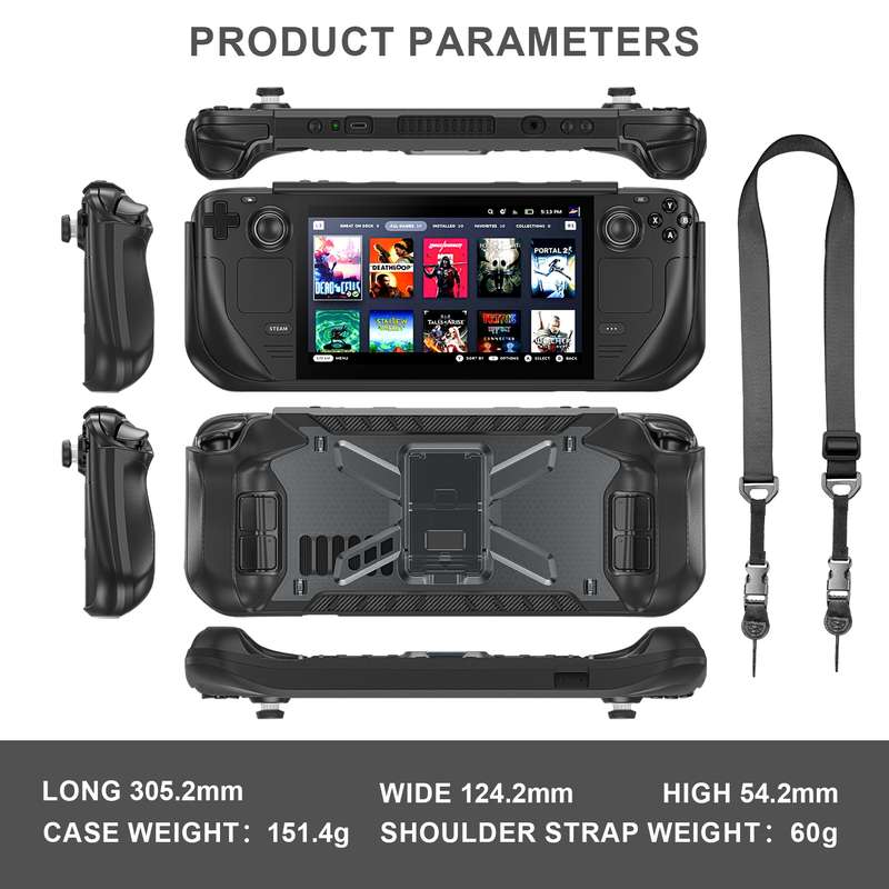 For Steam Deck Shockproof Game Console Case with Holder & Shoulder Strap(Black+Transparent)