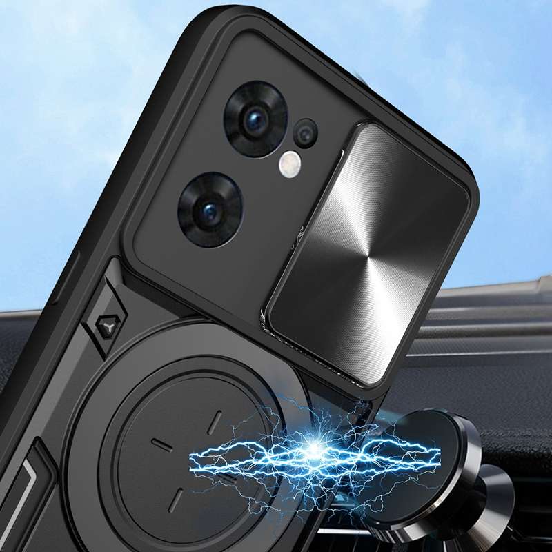 For OPPO Reno7 5G CD Texture Sliding Camshield Magnetic Holder Phone Case(Black)