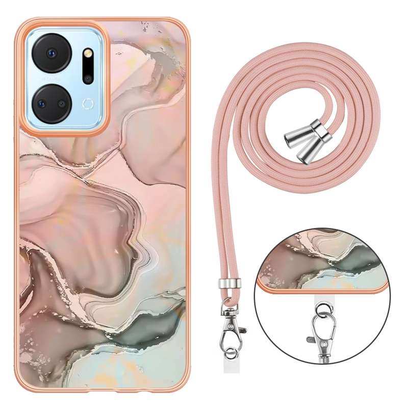 For Honor X7a Electroplating Marble Dual-side IMD Phone Case with Lanyard(Green 017)