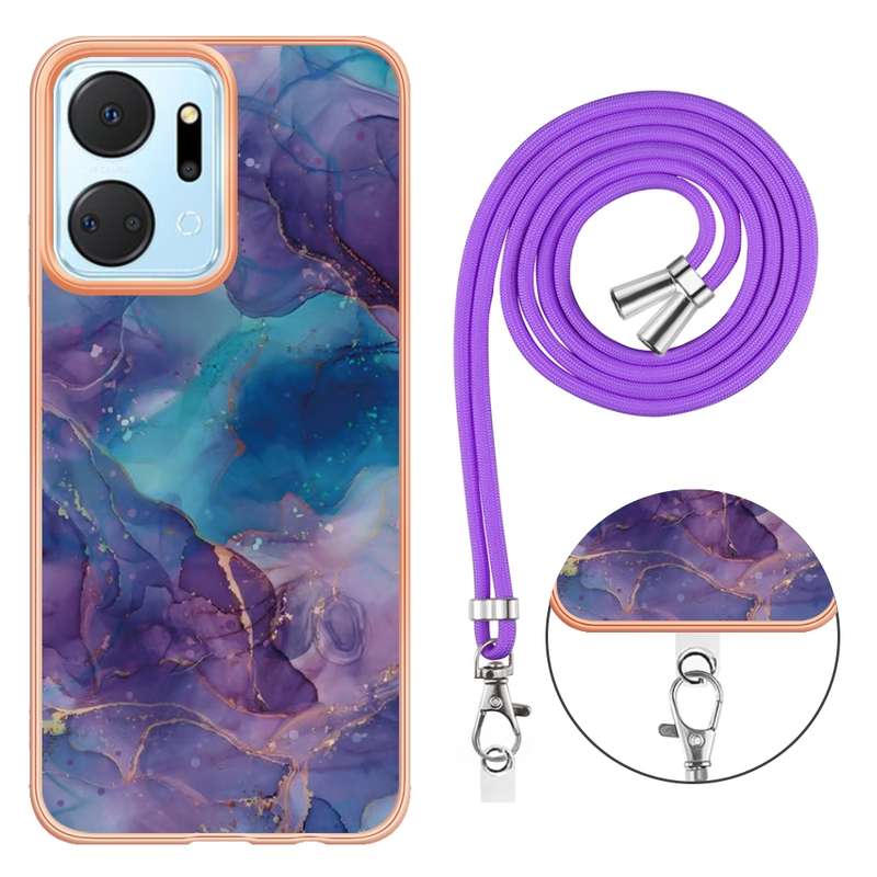 For Honor X7a Electroplating Marble Dual-side IMD Phone Case with Lanyard(Green 017)