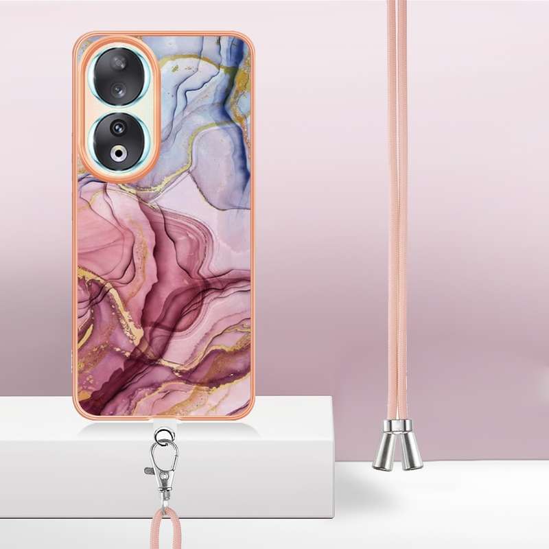 For Honor 90 5G Electroplating Marble Dual-side IMD Phone Case with Lanyard(Rose Gold 015)