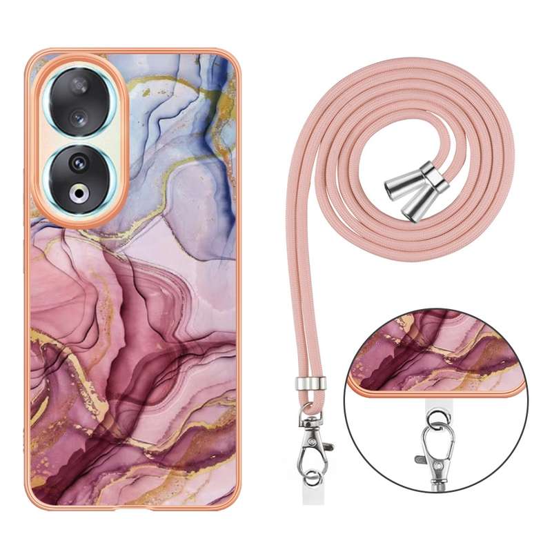 For Honor 90 5G Electroplating Marble Dual-side IMD Phone Case with Lanyard(Rose Gold 015)