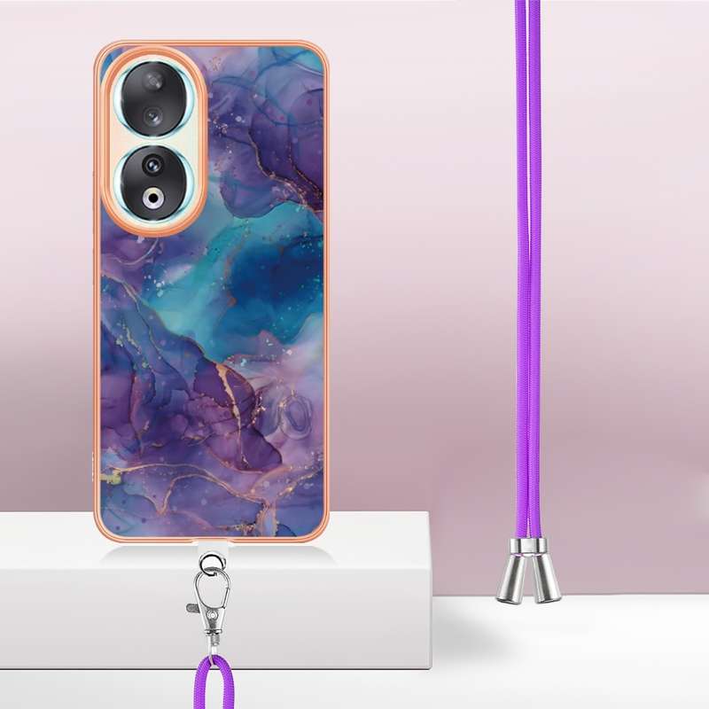 For Honor 90 5G Electroplating Marble Dual-side IMD Phone Case with Lanyard(Rose Gold 015)