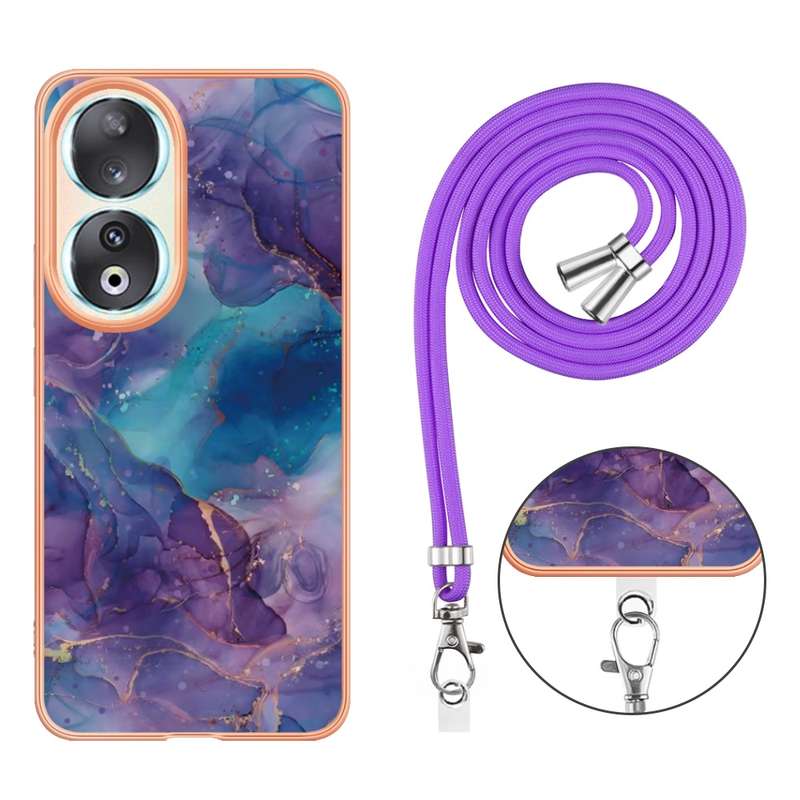 For Honor 90 5G Electroplating Marble Dual-side IMD Phone Case with Lanyard(Rose Gold 015)