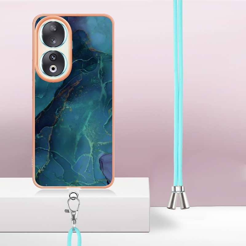 For Honor 90 5G Electroplating Marble Dual-side IMD Phone Case with Lanyard(Rose Gold 015)