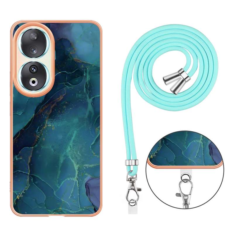 For Honor 90 5G Electroplating Marble Dual-side IMD Phone Case with Lanyard(Rose Gold 015)
