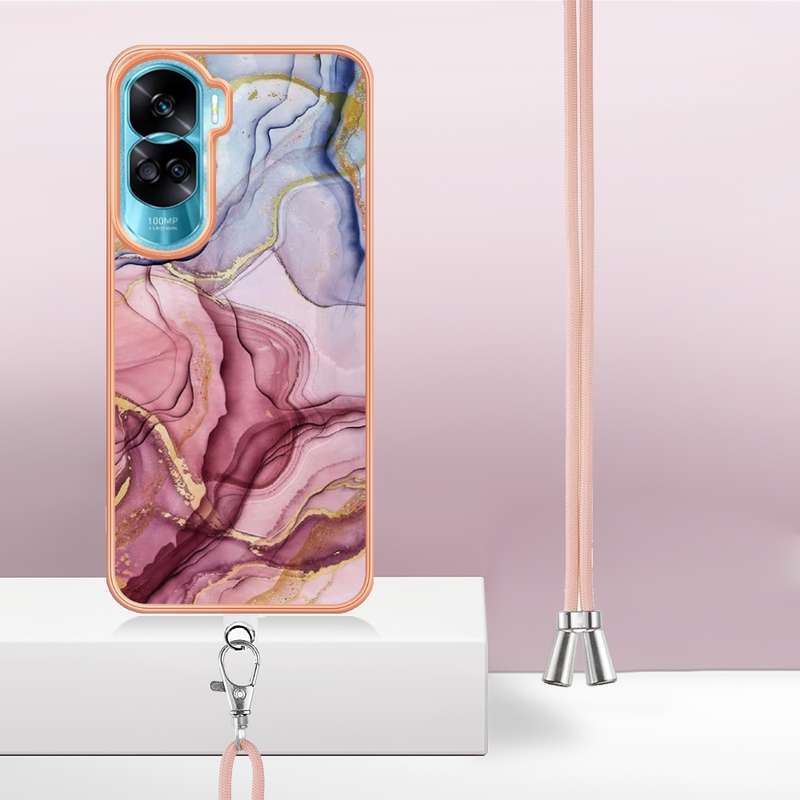 For Honor 90 Lite 5G Electroplating Marble Dual-side IMD Phone Case with Lanyard(Pink 013)