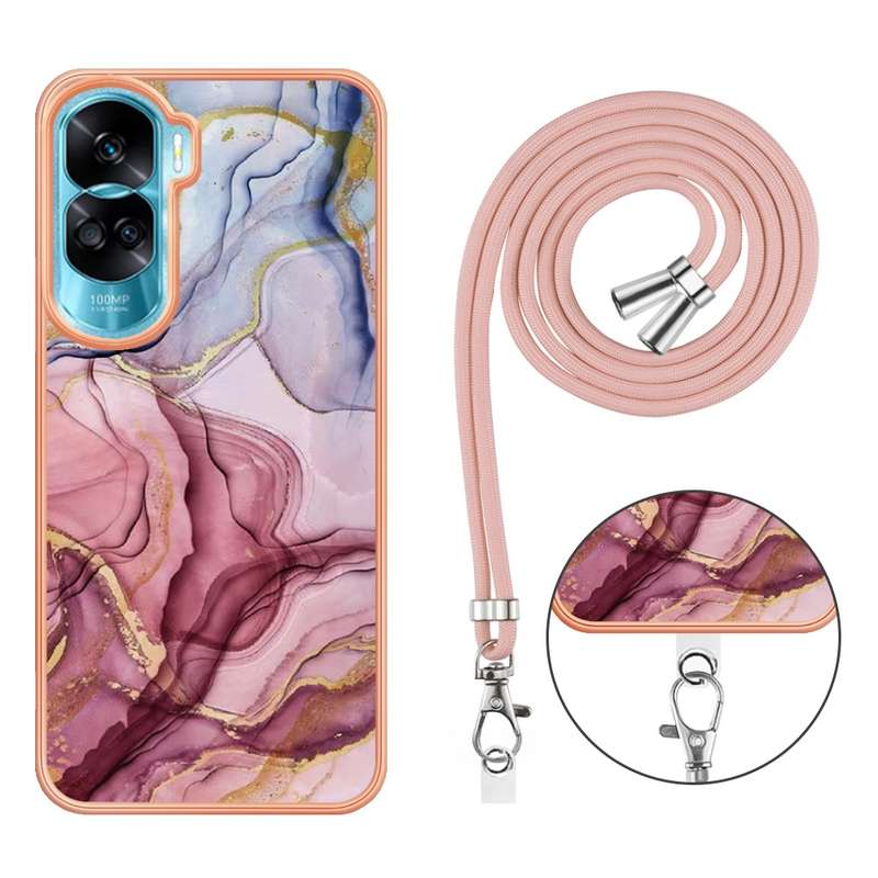For Honor 90 Lite 5G Electroplating Marble Dual-side IMD Phone Case with Lanyard(Pink 013)