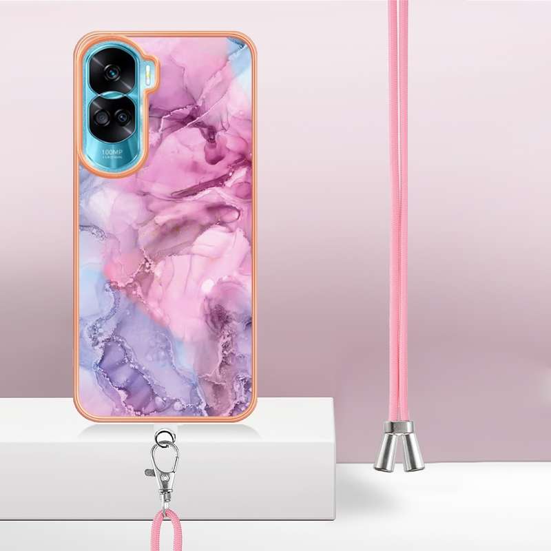 For Honor 90 Lite 5G Electroplating Marble Dual-side IMD Phone Case with Lanyard(Pink 013)
