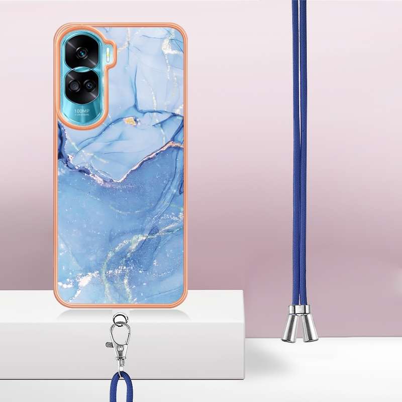 For Honor 90 Lite 5G Electroplating Marble Dual-side IMD Phone Case with Lanyard(Pink 013)