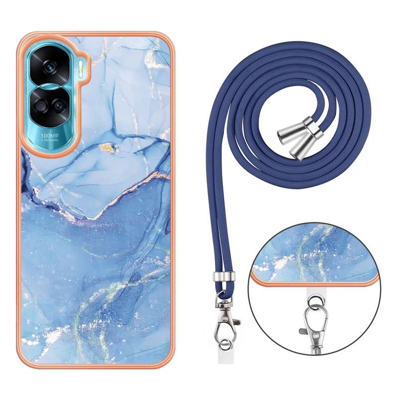 For Honor 90 Lite 5G Electroplating Marble Dual-side IMD Phone Case with Lanyard(Pink 013)