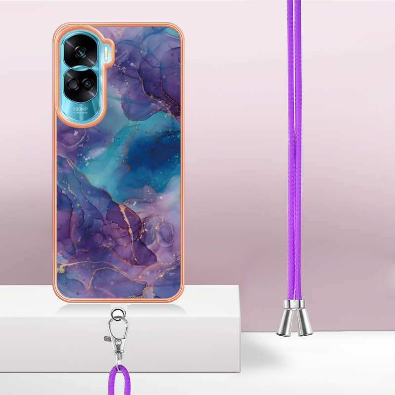 For Honor 90 Lite 5G Electroplating Marble Dual-side IMD Phone Case with Lanyard(Pink 013)