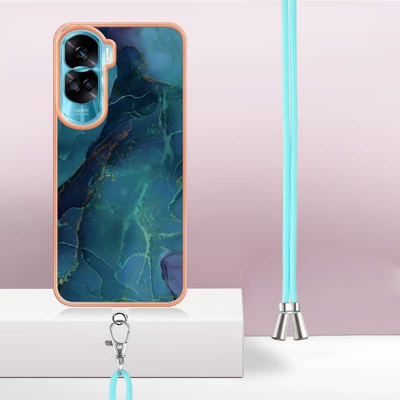 For Honor 90 Lite 5G Electroplating Marble Dual-side IMD Phone Case with Lanyard(Pink 013)