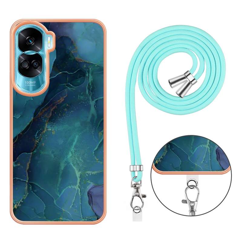 For Honor 90 Lite 5G Electroplating Marble Dual-side IMD Phone Case with Lanyard(Pink 013)