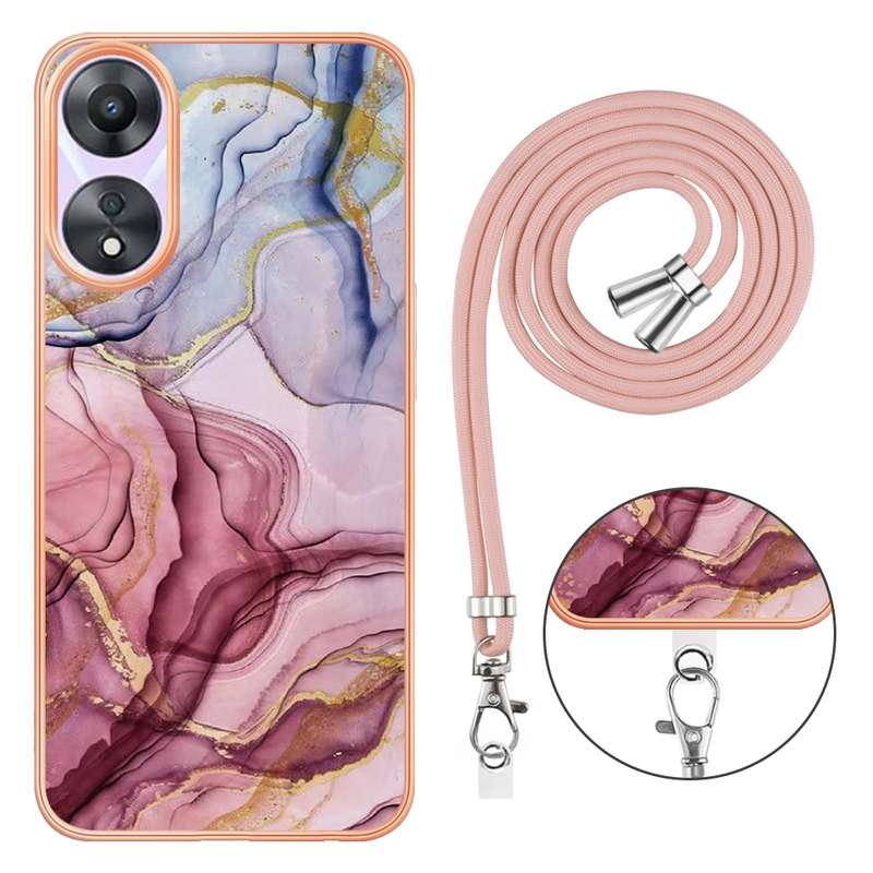 For OPPO A78 / A58 Electroplating Marble Dual-side IMD Phone Case with Lanyard(Pink 013)