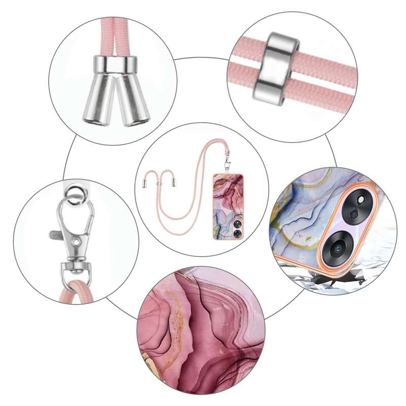 For OPPO A78 / A58 Electroplating Marble Dual-side IMD Phone Case with Lanyard(Pink 013)