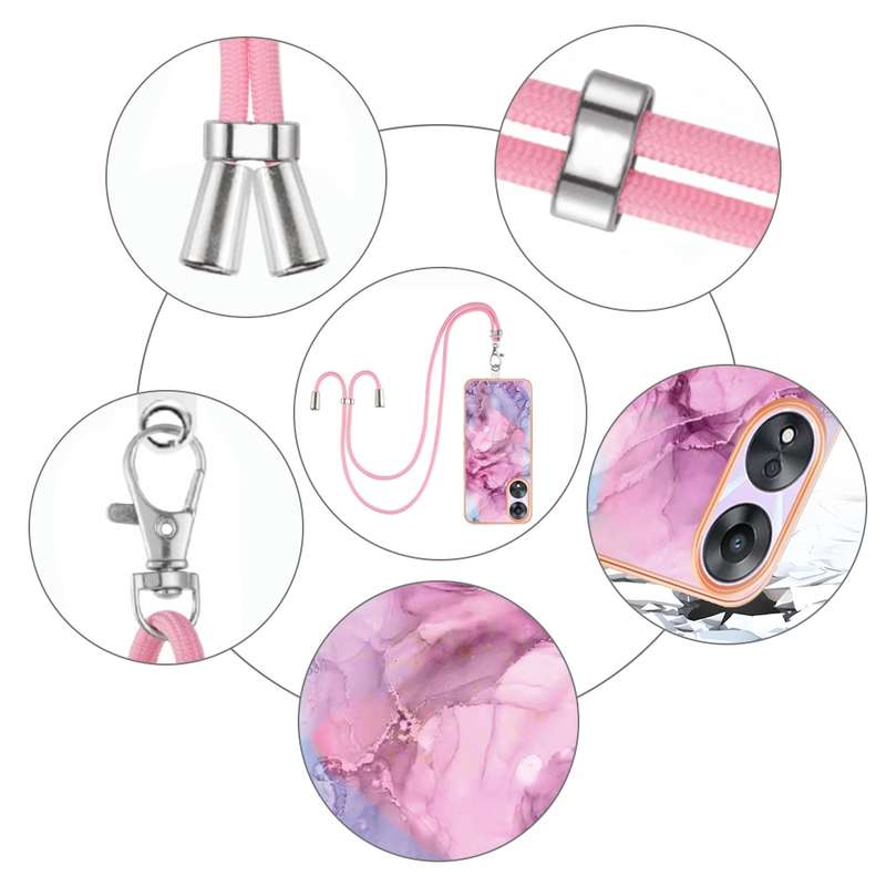 For OPPO A78 / A58 Electroplating Marble Dual-side IMD Phone Case with Lanyard(Pink 013)