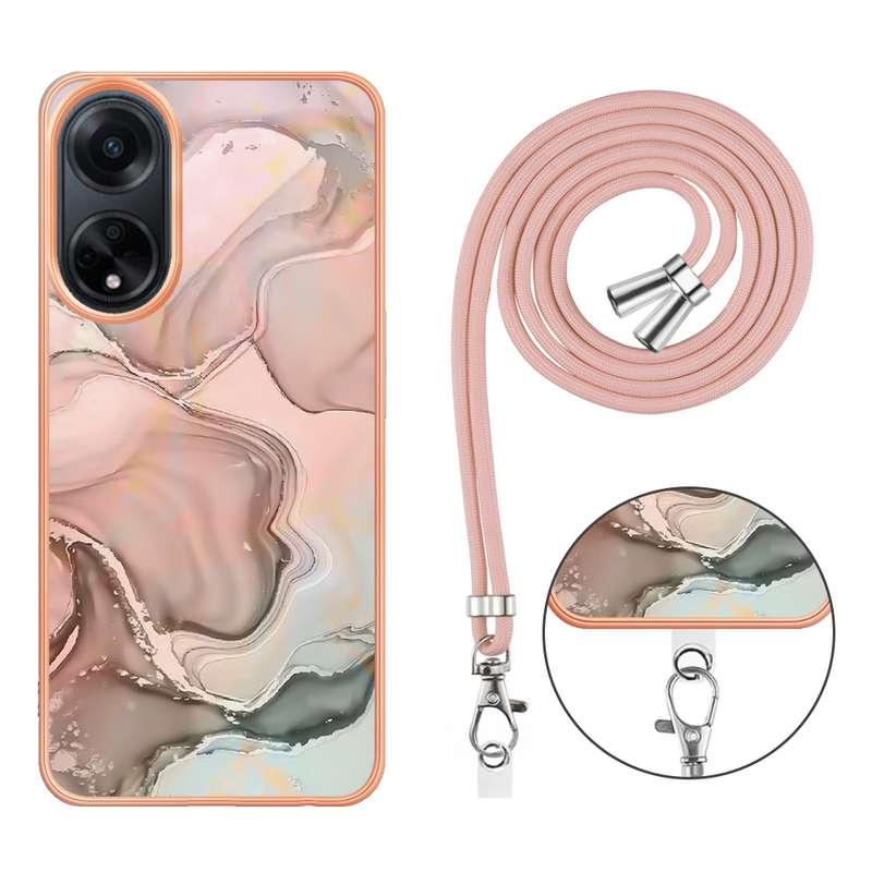 For OPPO A98 Electroplating Marble Dual-side IMD Phone Case with Lanyard(Pink 013)