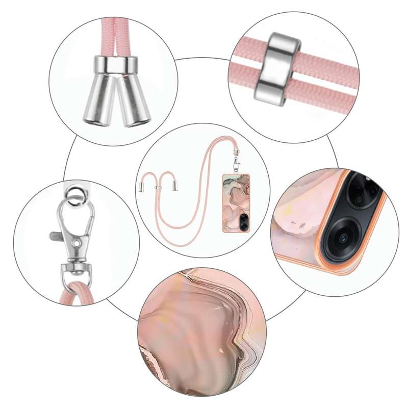 For OPPO A98 Electroplating Marble Dual-side IMD Phone Case with Lanyard(Pink 013)