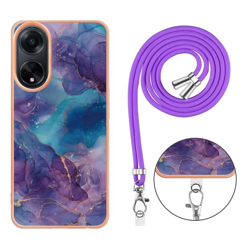 For OPPO A98 Electroplating Marble Dual-side IMD Phone Case with Lanyard(Pink 013)
