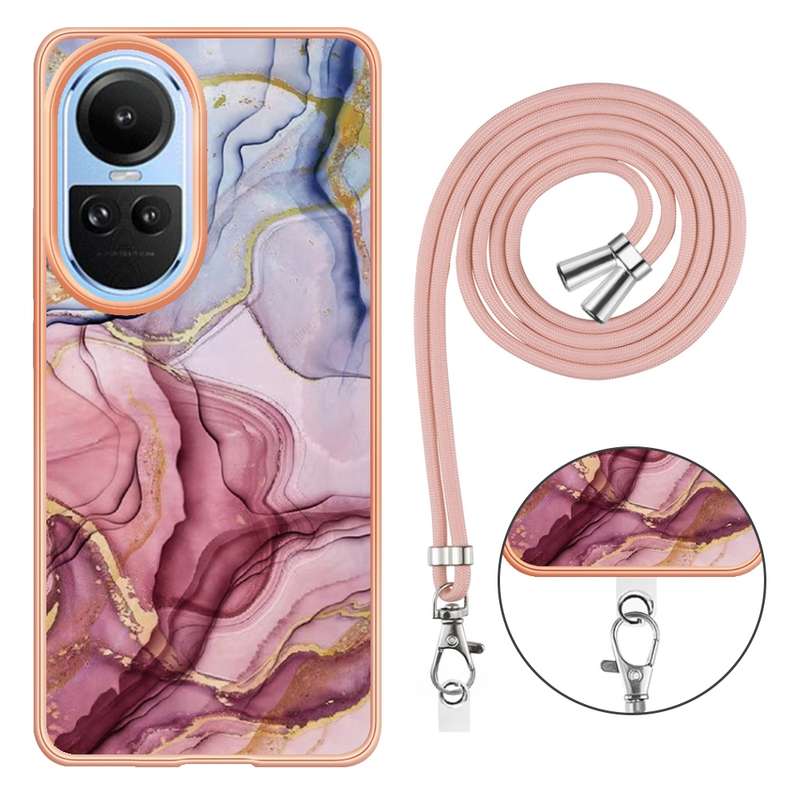 For OPPO Reno10 5G Global Electroplating Marble Dual-side IMD Phone Case with Lanyard(Pink 013)