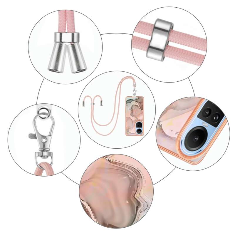 For OPPO Reno10 5G Global Electroplating Marble Dual-side IMD Phone Case with Lanyard(Pink 013)