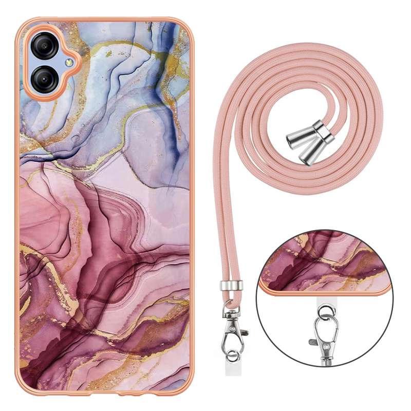 For Samsung Galaxy A04E Electroplating Marble Dual-side IMD Phone Case with Lanyard(Blue 018)