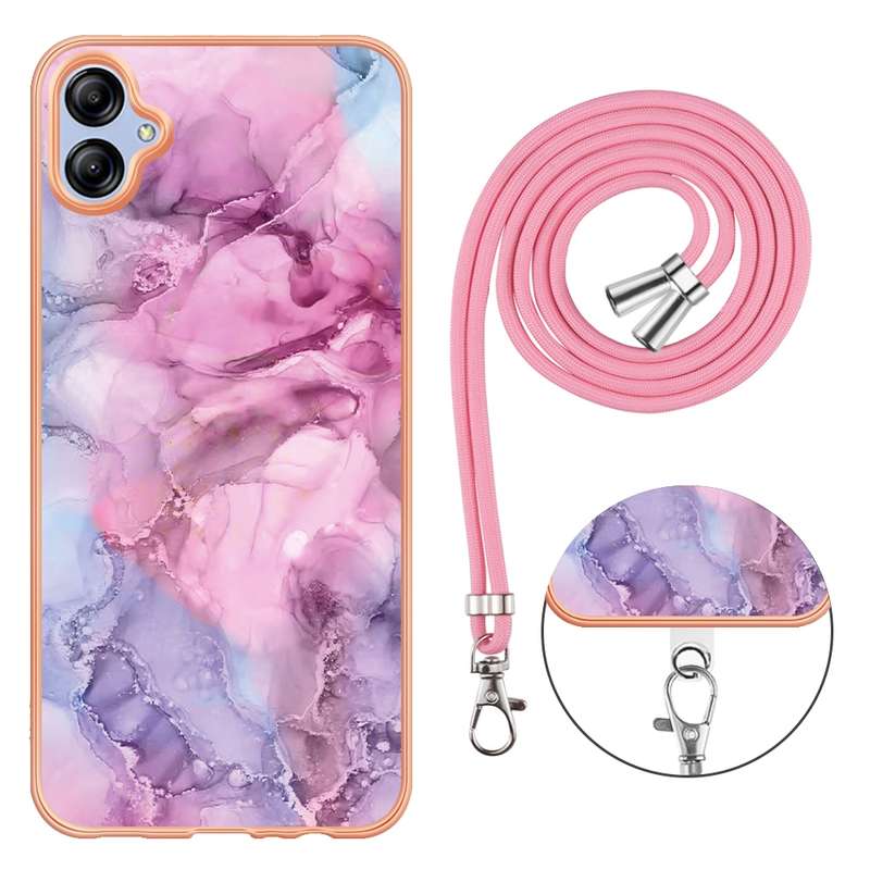 For Samsung Galaxy A04E Electroplating Marble Dual-side IMD Phone Case with Lanyard(Blue 018)