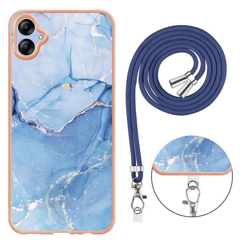 For Samsung Galaxy A04E Electroplating Marble Dual-side IMD Phone Case with Lanyard(Blue 018)