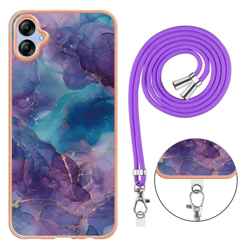 For Samsung Galaxy A04E Electroplating Marble Dual-side IMD Phone Case with Lanyard(Blue 018)