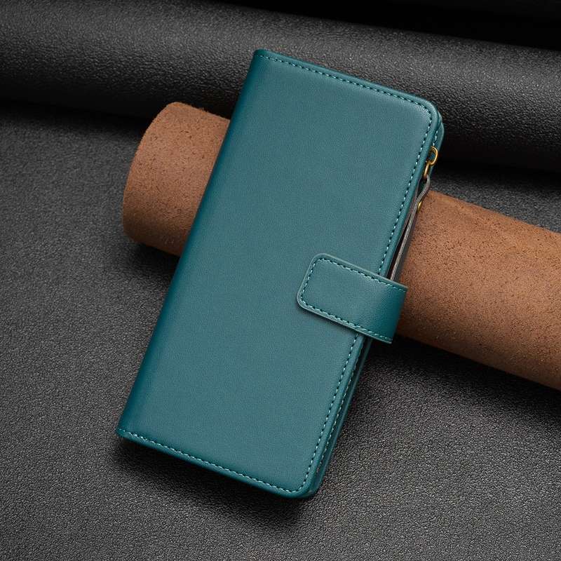 For iPhone 16 Pro Max 9 Card Slots Zipper Wallet Leather Flip Phone Case(Green)